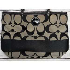 Coach Signature Stripe Tote Bag Black Khaki Jacquard Canvas F17433